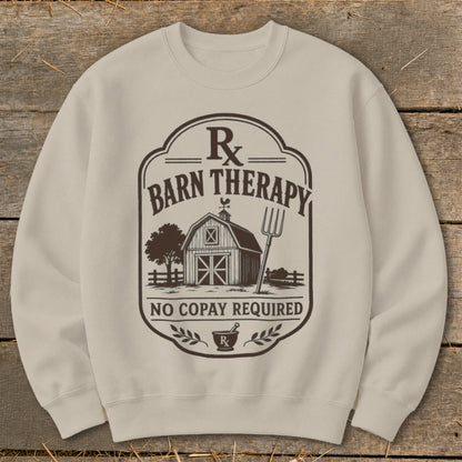 Crewneck sweatshirt with "Barn Therapy" and farm scene graphic.