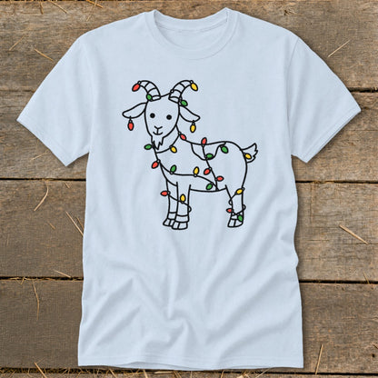Light blue t-shirt with a line drawing of a goat decorated with colorful Christmas lights.