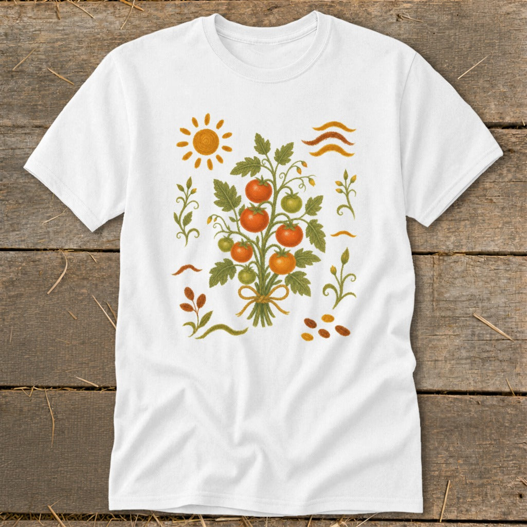 White t-shirt with a rustic tomato plant illustration and sun motif.