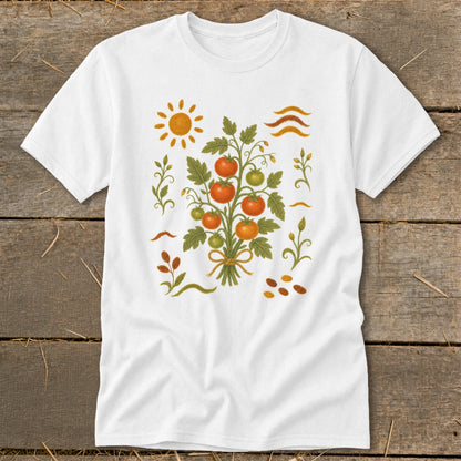 White t-shirt with a rustic tomato plant illustration and sun motif.