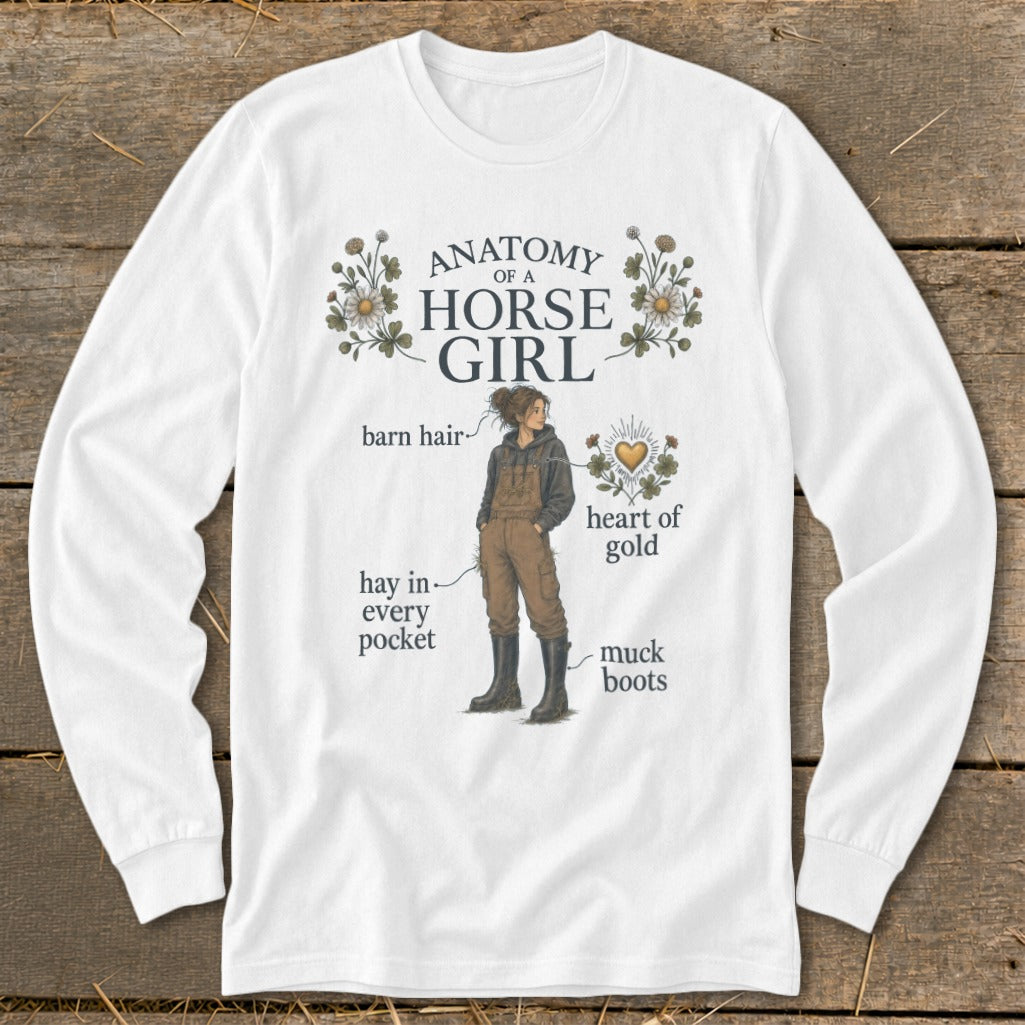 White long-sleeve shirt with "Anatomy of a Horse Girl" graphic.