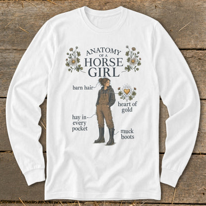 White long-sleeve shirt with "Anatomy of a Horse Girl" graphic.