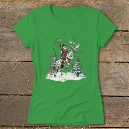 Santa rides a reindeer with a lasso, surrounded by snowy trees.