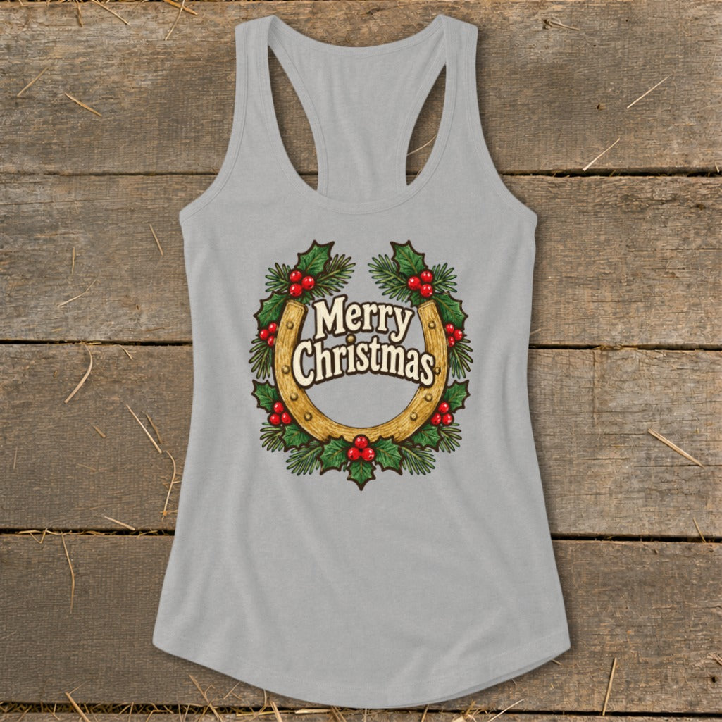 Grey tank top with horseshoe wreath saying "Merry Christmas".