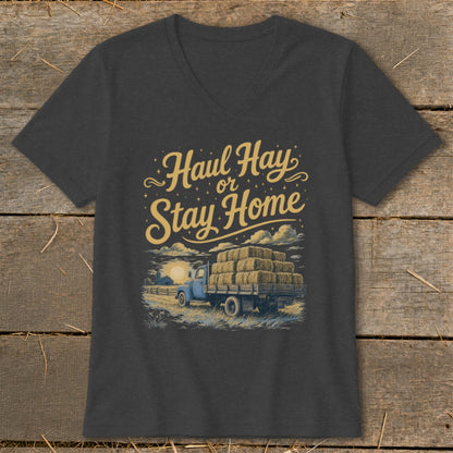 T-shirt graphic with text "Haul Hay or Stay Home" and a truck loaded with hay bales.
