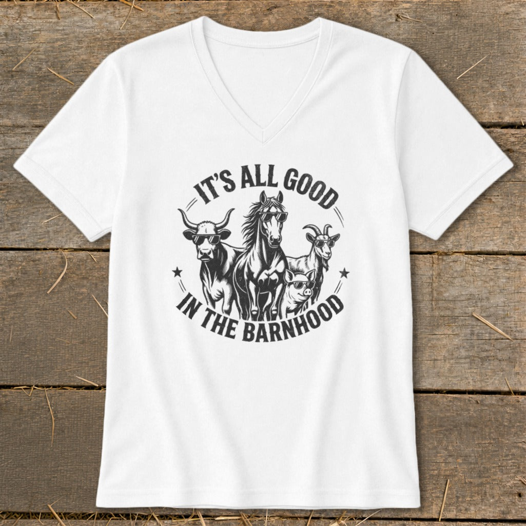 White t-shirt with "It's All Good In The Barnhood" graphic featuring farm animals.