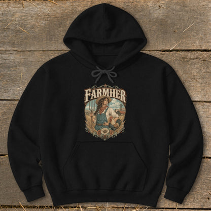 Black hoodie featuring "FARMHER" text above a farmer woman, rooster, and farm scene.