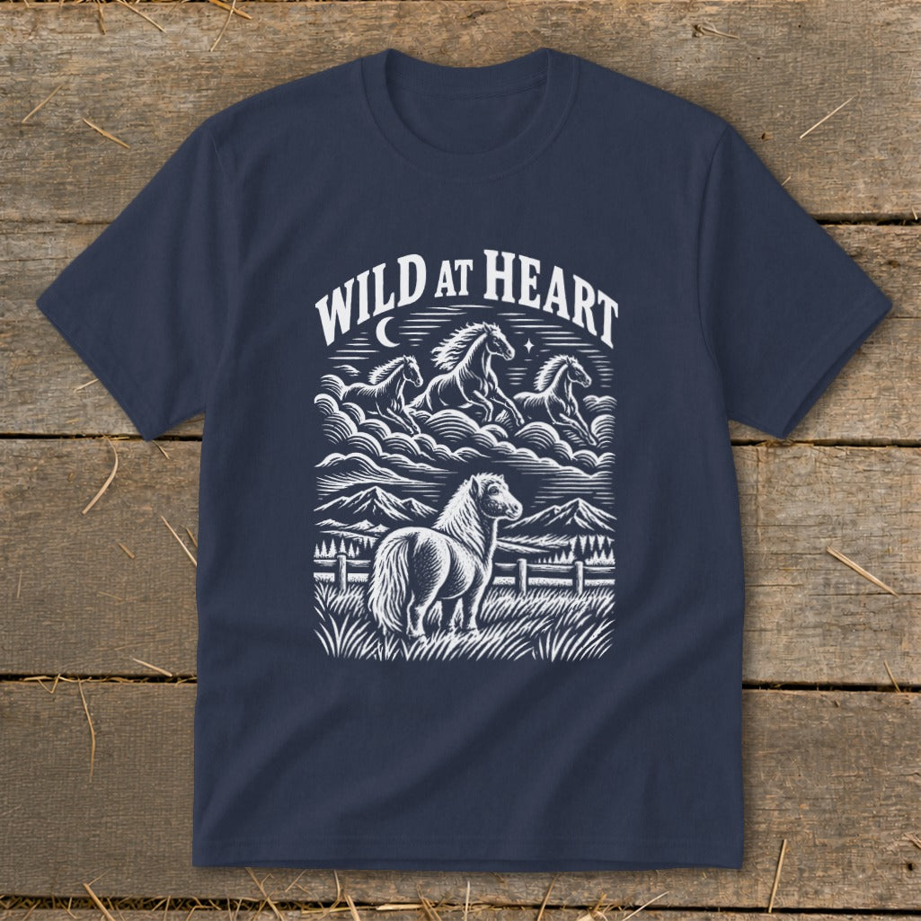 Navy t-shirt with a white line art graphic of a horse and wild horses under "WILD AT HEART" text.