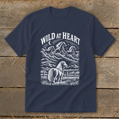 Navy t-shirt with a white line art graphic of a horse and wild horses under "WILD AT HEART" text.