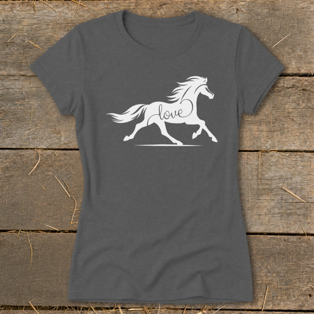 Gray t-shirt with a white horse silhouette containing the word "love".