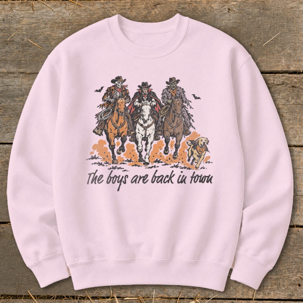 Pink sweatshirt with illustration of three skeletons riding horses and a dog, text reads "The boys are back in town".