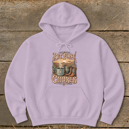 Lavender hoodie with "But First, Chores" graphic featuring a mug, feed, and cowboy boots.
