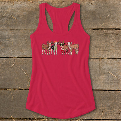 Tank top with a herd of cows dressed in Christmas attire and lights.