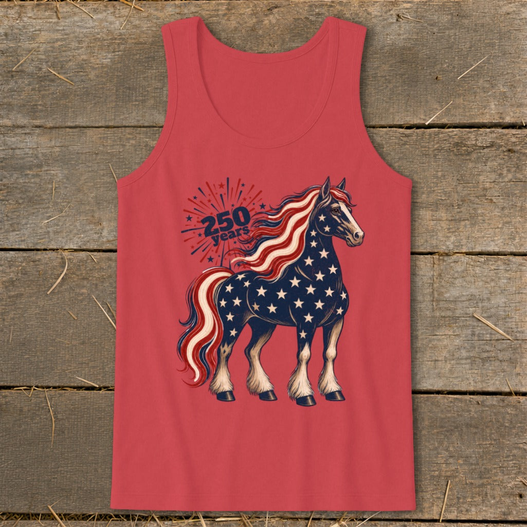 Horse with stars and stripes pattern, text "250 Years".