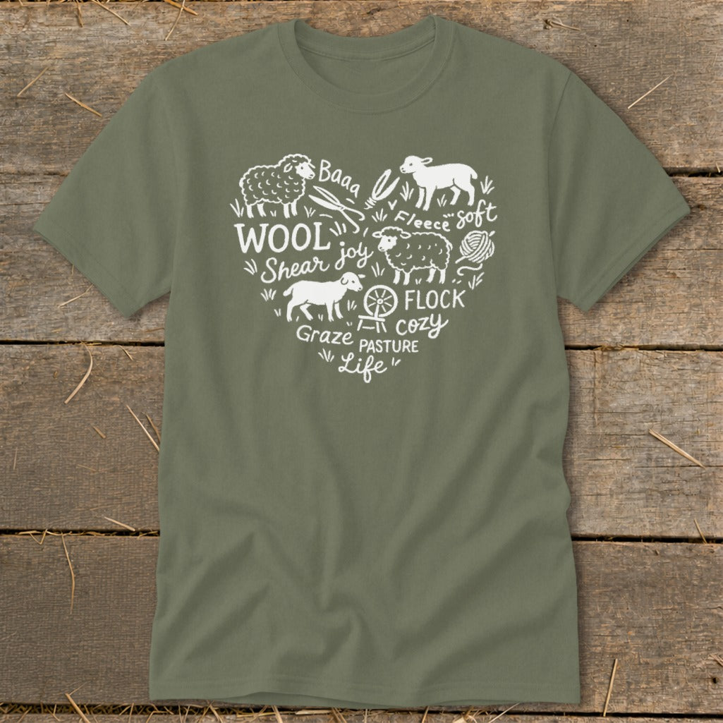 Olive t-shirt with white heart-shaped graphic of sheep, wool, and farm life text.