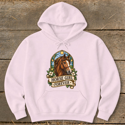 Pink hoodie with a stained-glass style horse graphic and "HORSE GIRL FOREVER" text.