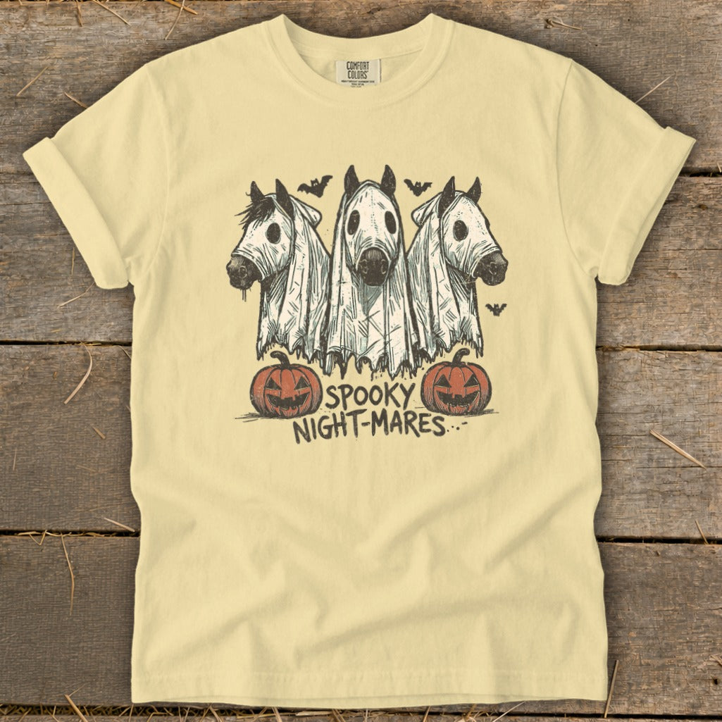 Three horses in ghost costumes with pumpkins and bats, text "Spooky Night-Mares".