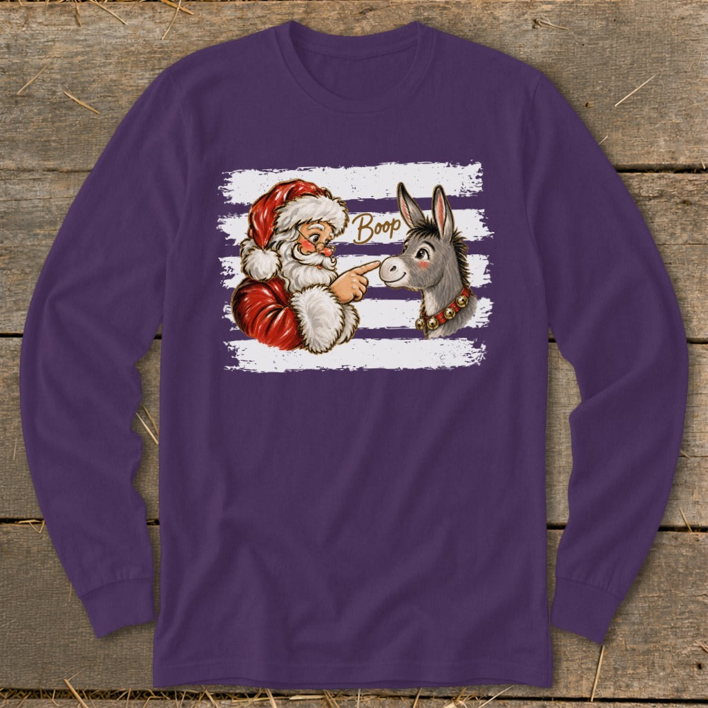 Santa booping a donkey's nose with "Boop" text on purple long-sleeve shirt.
