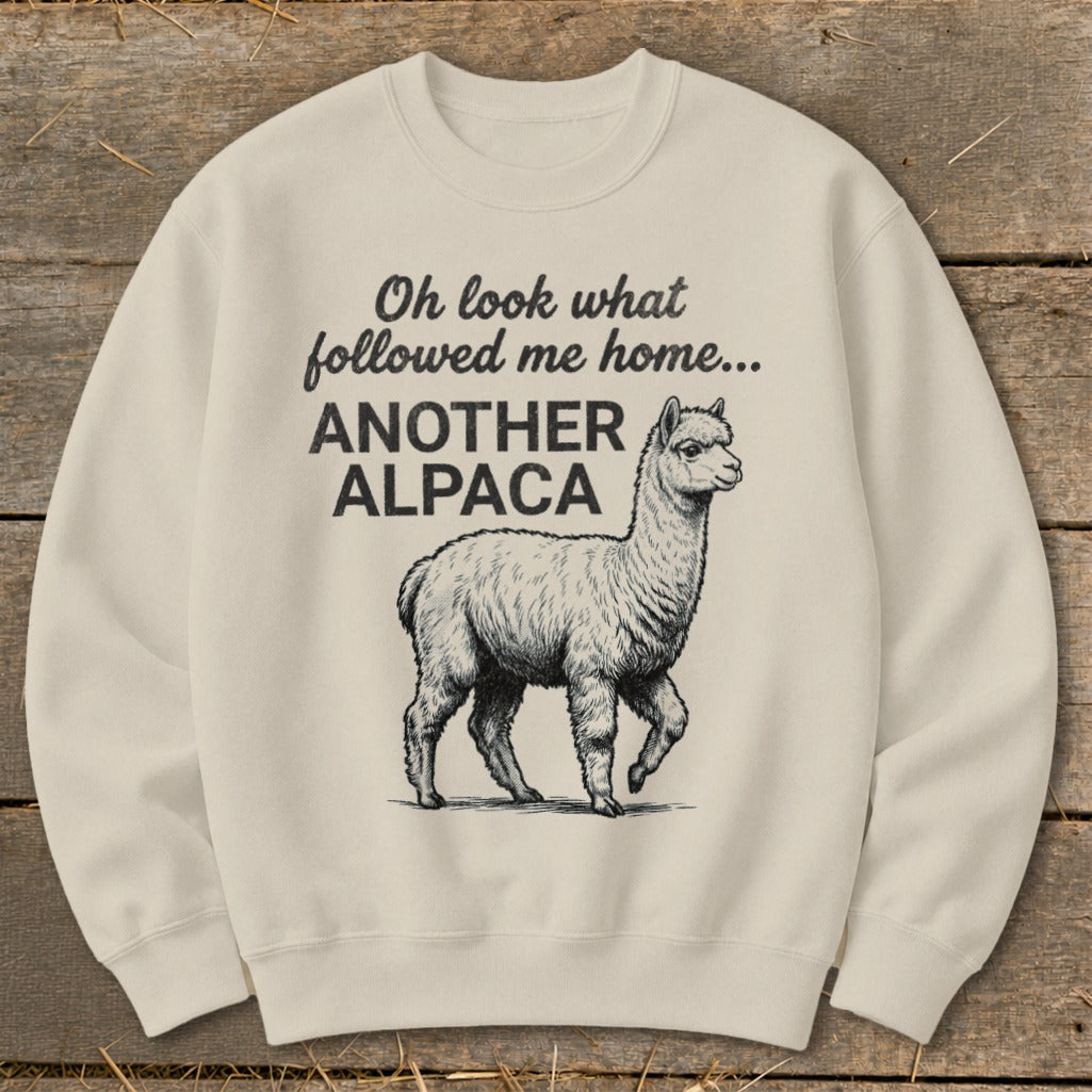Cream sweatshirt with text "Oh look what followed me home... ANOTHER ALPACA" and alpaca graphic.