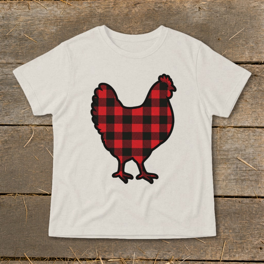 Tan t-shirt with a red and black buffalo plaid chicken graphic.