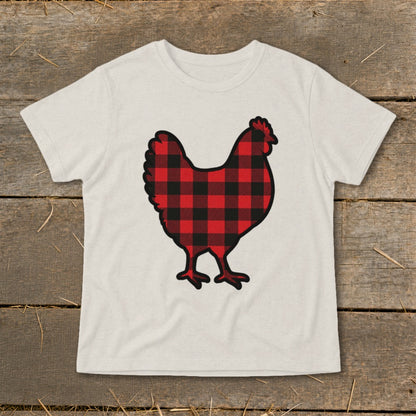 Tan t-shirt with a red and black buffalo plaid chicken graphic.