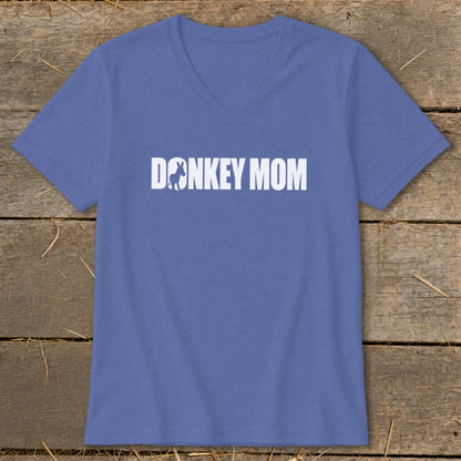 A blue V-neck t-shirt with white text reading "DONKEY MOM" featuring a donkey silhouette.