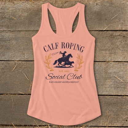 Peach tank top with "Calf Roping Social Club" text and rodeo graphic.