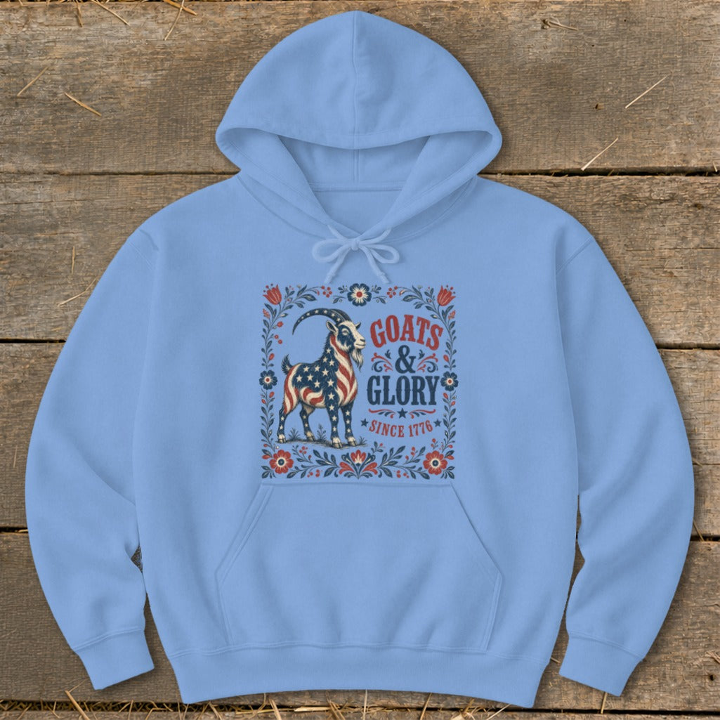 Light blue hoodie with "Goats & Glory Since 1776" text and patriotic goat graphic.
