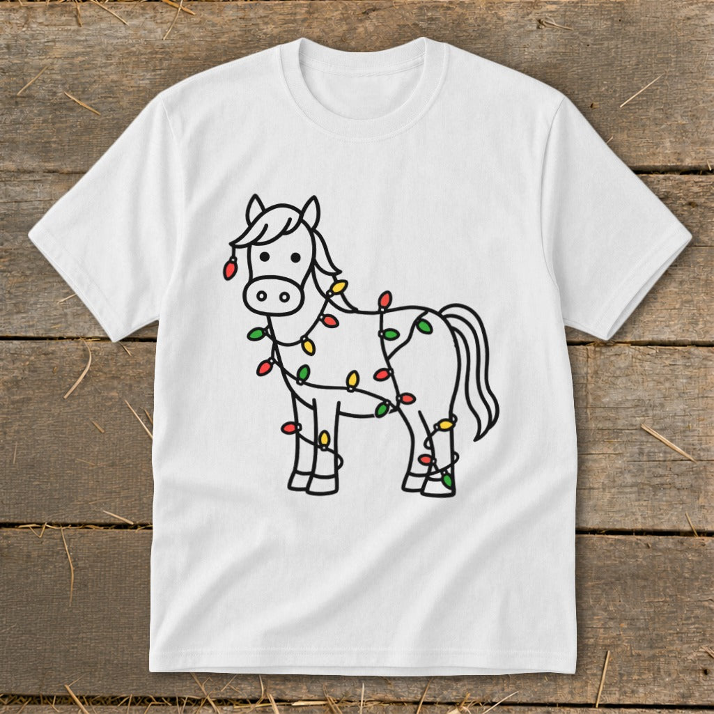 White t-shirt with a black line drawing of a horse wrapped in colorful Christmas lights.