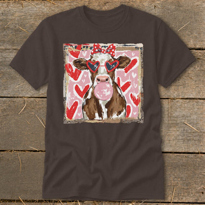 Cow with heart sunglasses and red bow blowing pink bubblegum, red hearts background.