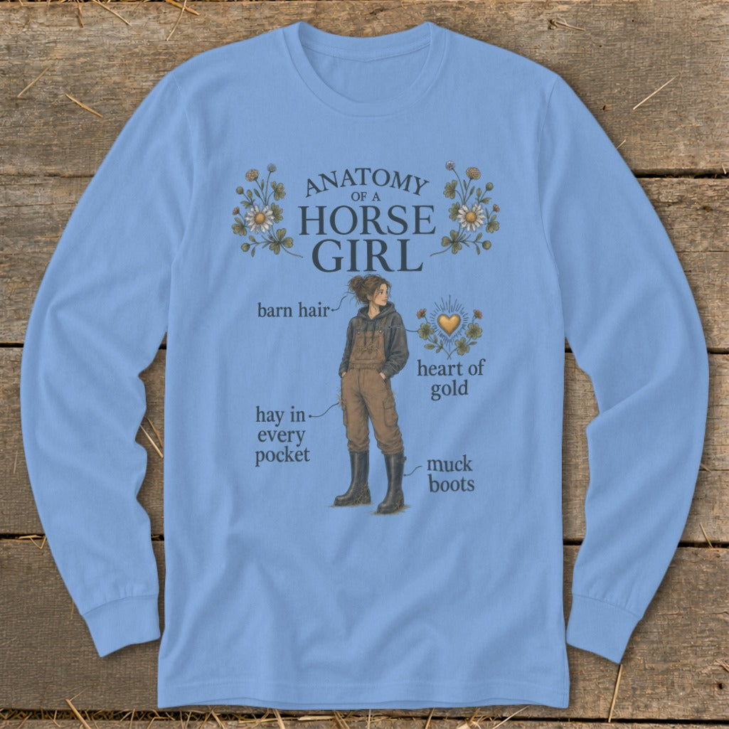 Anatomy of a Horse Girl graphic with text labels for barn hair, hay, heart, and boots.