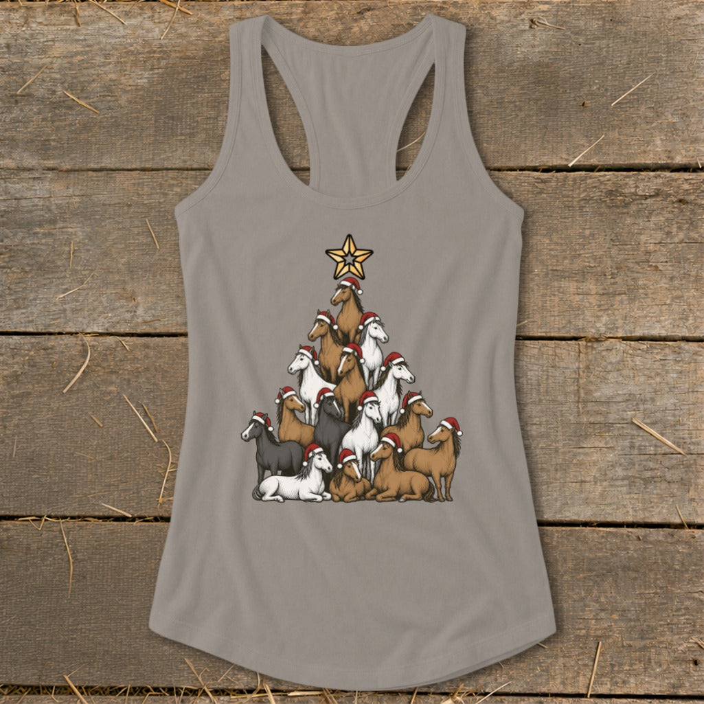 Tank top with a Christmas tree made of horses wearing Santa hats.