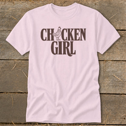 Light pink t-shirt with "CHICKEN GIRL" text and chicken graphic.