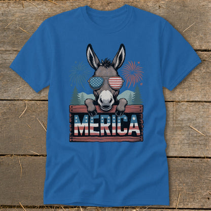 Donkey wearing American flag sunglasses holds a wooden sign reading "MERICA."