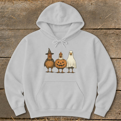 Three chickens dressed for Halloween: one as a witch, one as a pumpkin, and one as a ghost.