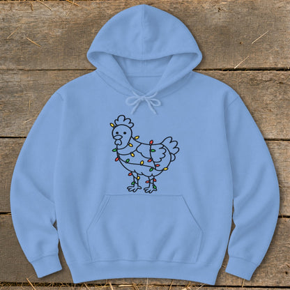 Light blue hoodie with a cartoon chicken wrapped in colorful Christmas lights.
