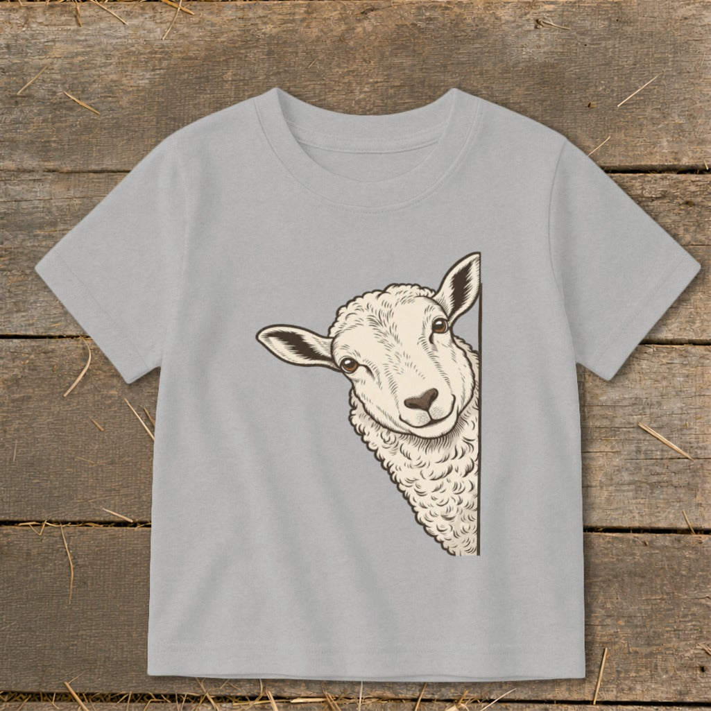 Light grey t-shirt with a curious sheep peeking from the side.