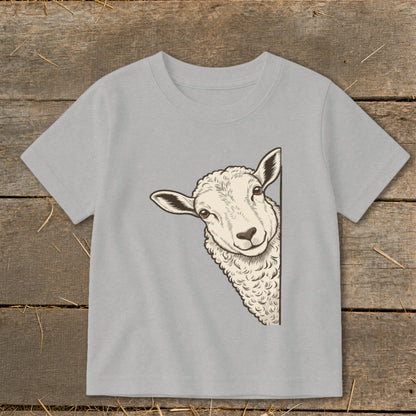 Light grey t-shirt with a curious sheep peeking from the side.