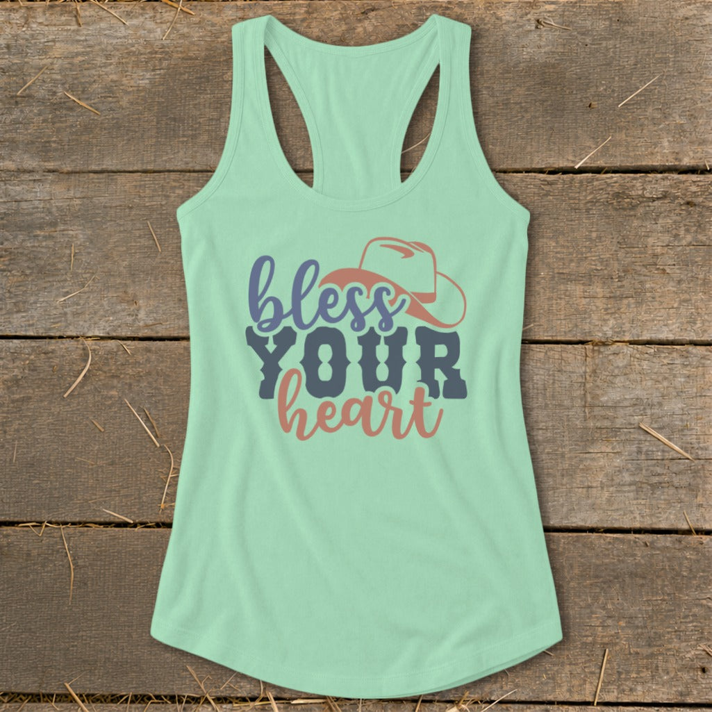 Light mint green tank top with "bless YOUR heart" text and a cowboy hat graphic.