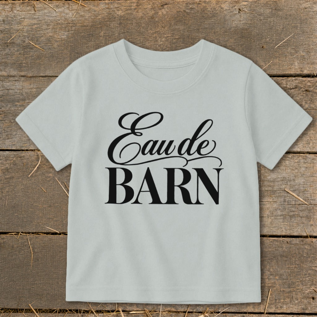 Light grey t-shirt with black text "Eau de BARN"