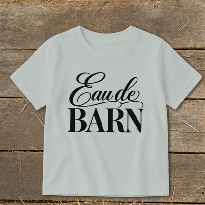 Light grey t-shirt with black text "Eau de BARN"