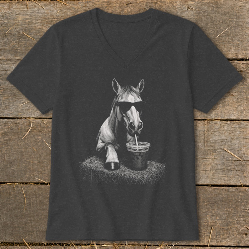 Horse with sunglasses drinking from a cup on hay bale graphic.