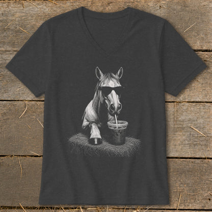 Horse with sunglasses drinking from a cup on hay bale graphic.