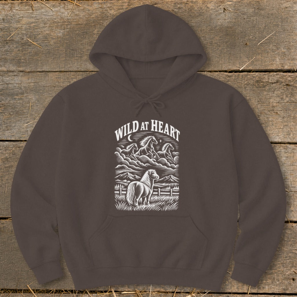 Brown hoodie with "Wild at Heart" text and a horse illustration.