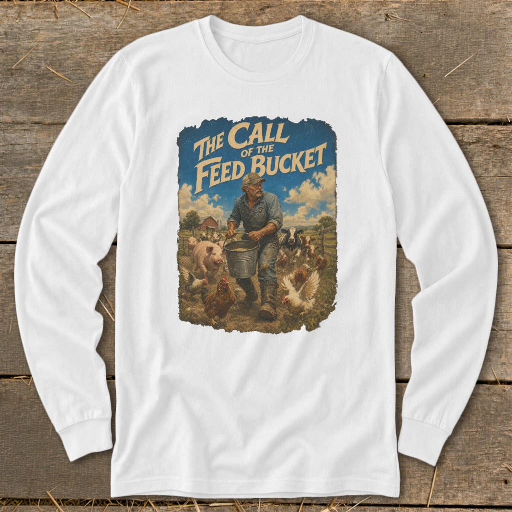 Graphic of farmer feeding animals with text "The Call of the Feed Bucket".