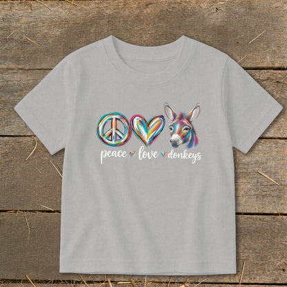 Grey t-shirt with a peace sign, colorful heart, and donkey graphic with text "peace love donkeys".