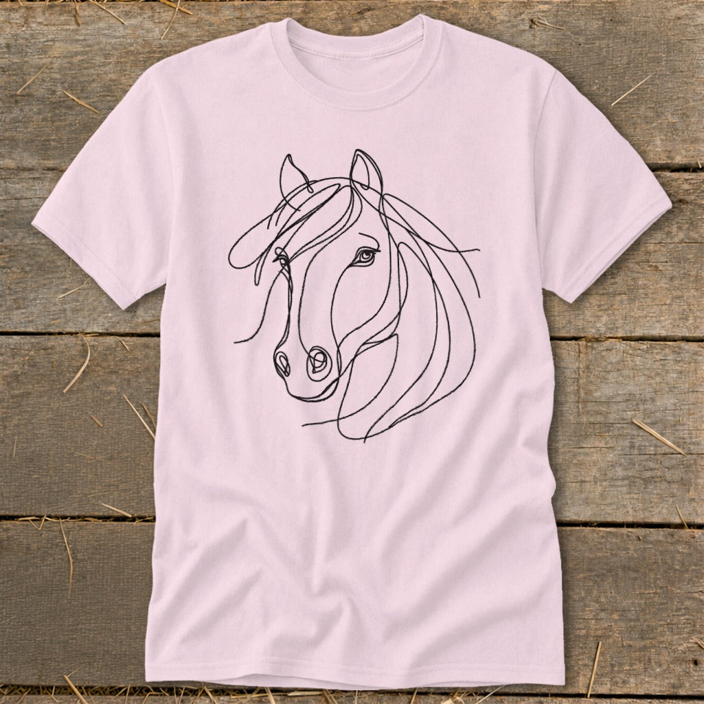 Light pink t-shirt with a single-line drawing of a horse's head.
