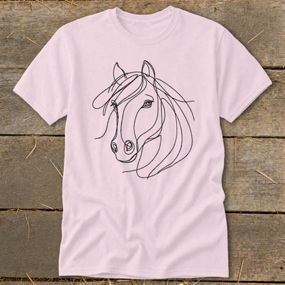 Light pink t-shirt with a single-line drawing of a horse's head.