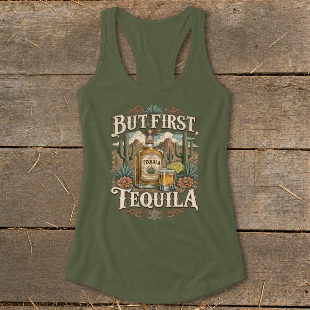 Tank top with "But First, Tequila" design featuring a tequila bottle and shot.
