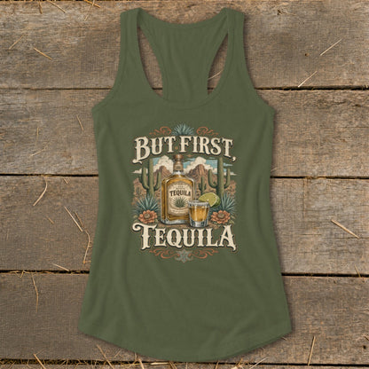 Tank top with "But First, Tequila" design featuring a tequila bottle and shot.